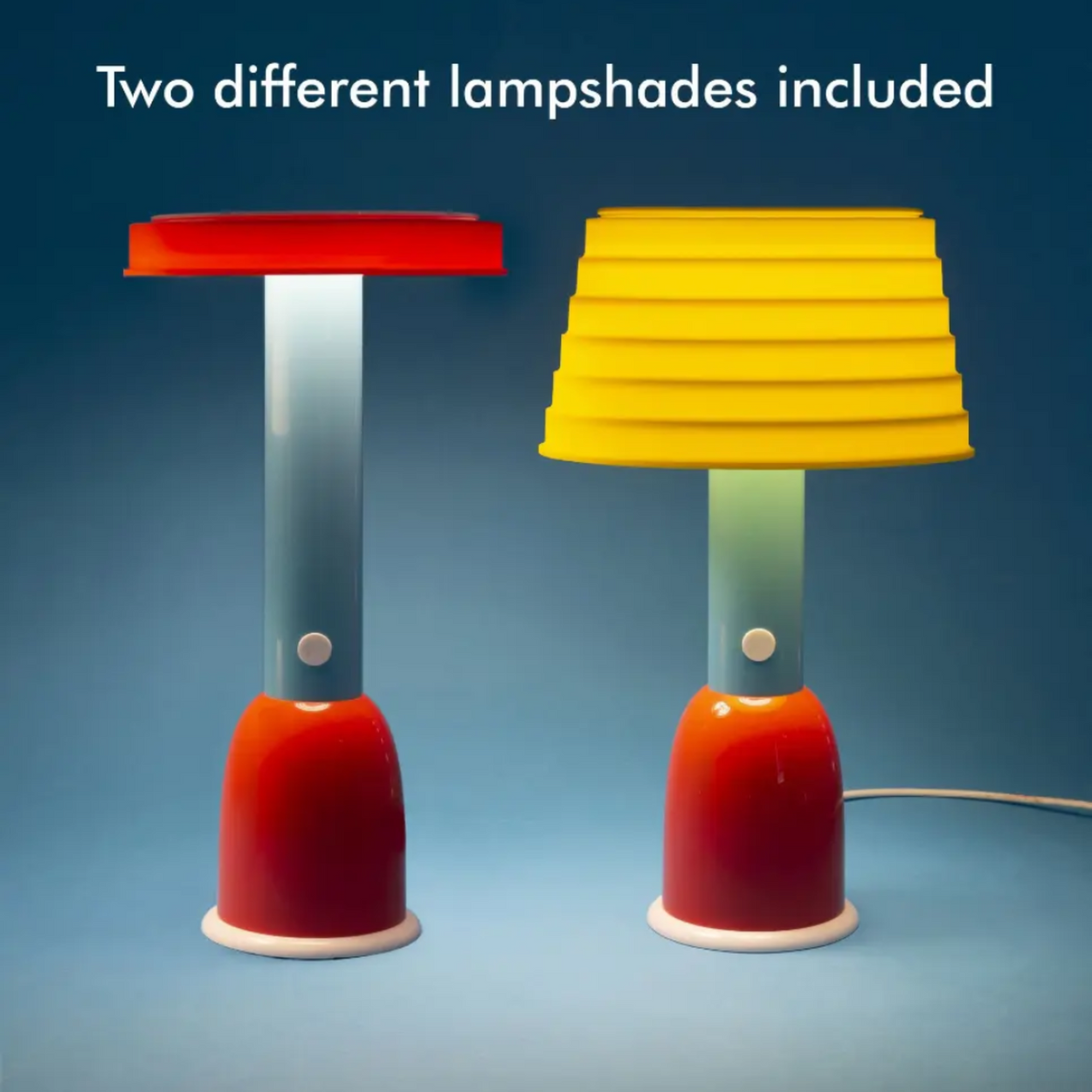 Two colorful lamps with red and yellow lampshades on a blue background.