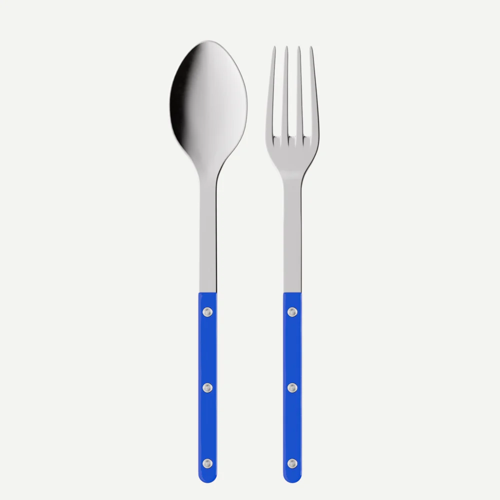 Spoon and fork with blue handles on a white background