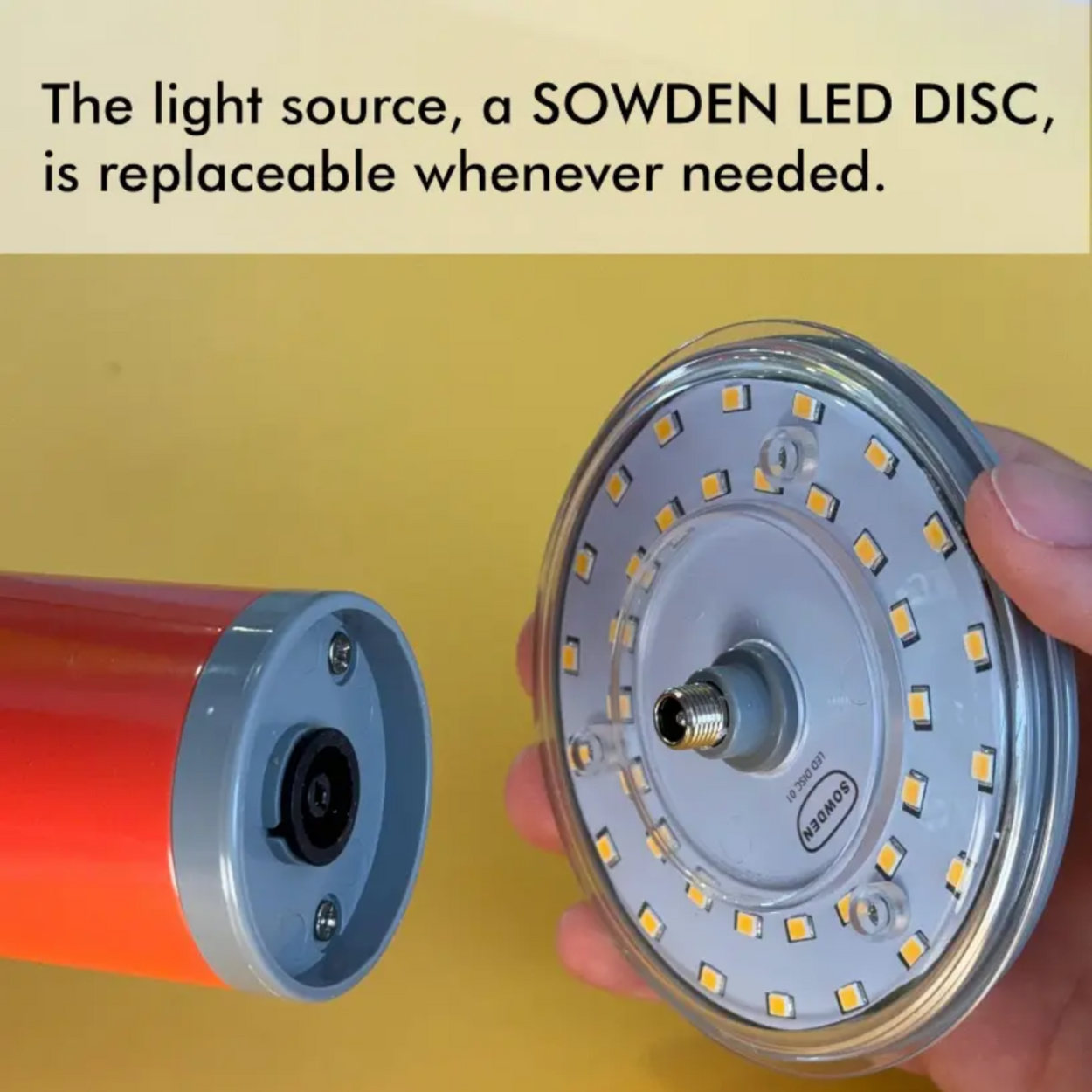 SOWDEN LED DISC light source with text on a yellow background