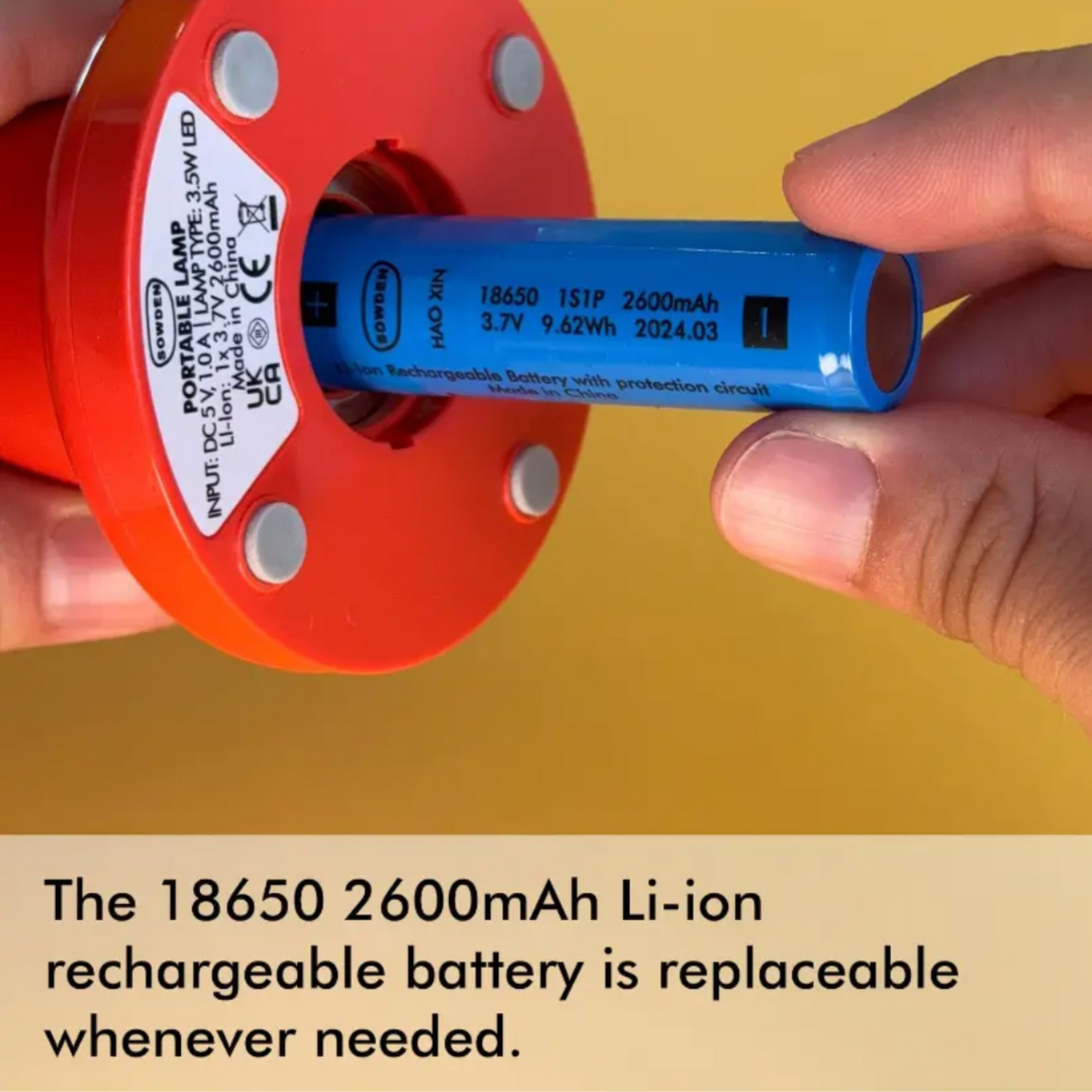 18650 Li-ion rechargeable battery being inserted into a red cylindrical device with text on a yellow background.