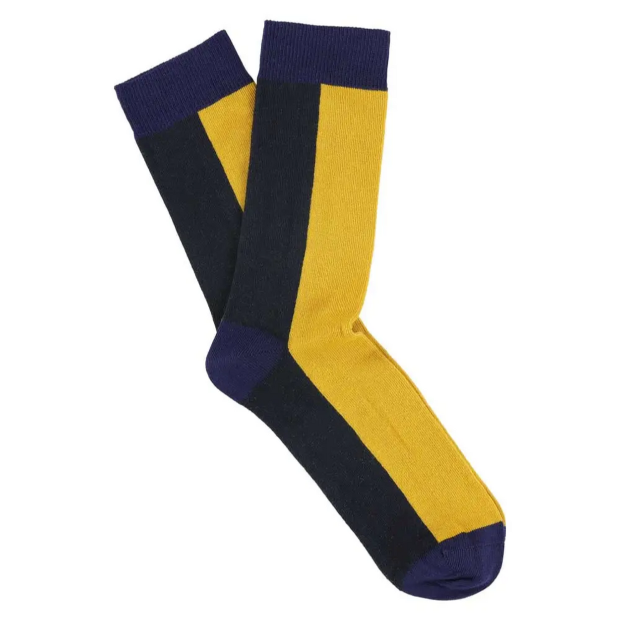 Escuyer Colour Block Socks in honey yellow and blue, flatlay