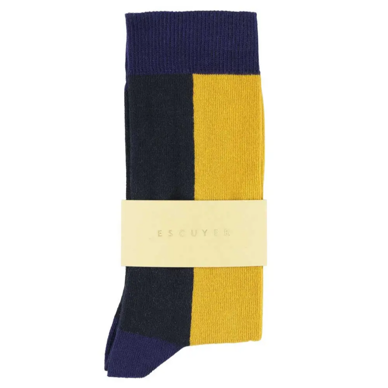 Close up of Escuyer Colour Block Socks in honey yellow and blue, flatlay