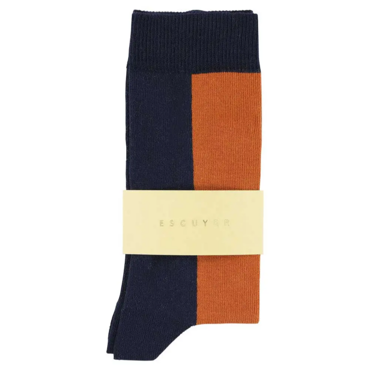 Close up of blue and terracotta Escuyer Colour Block Socks
