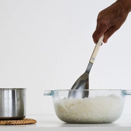 Person holding white Sabre Paris Bistrot Rice Spoon, in dish of rice