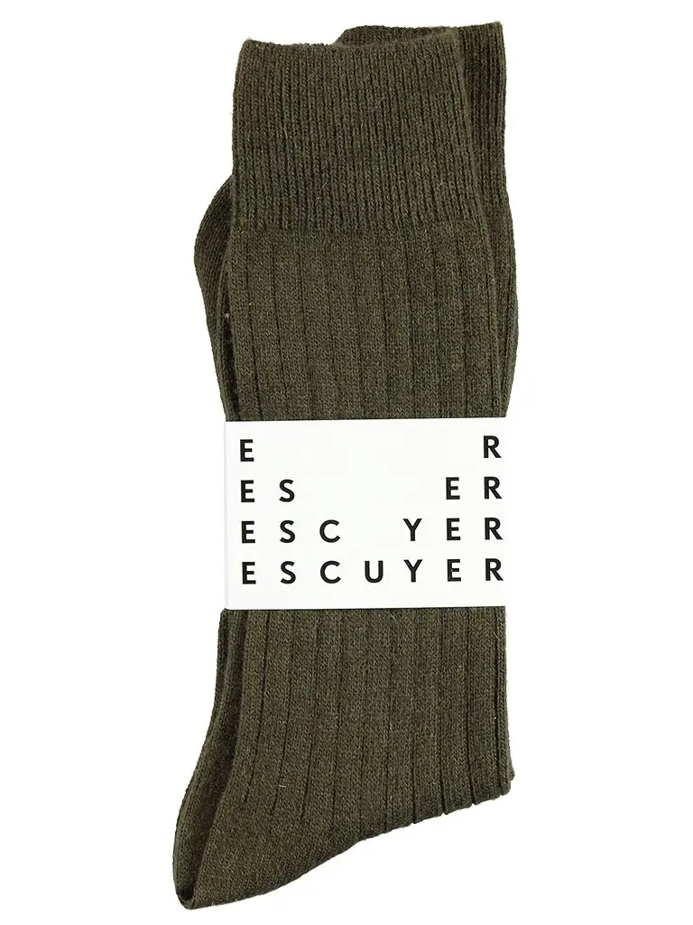 Khaki green Escuyer Cashmere Wool Socks folded flatlay.