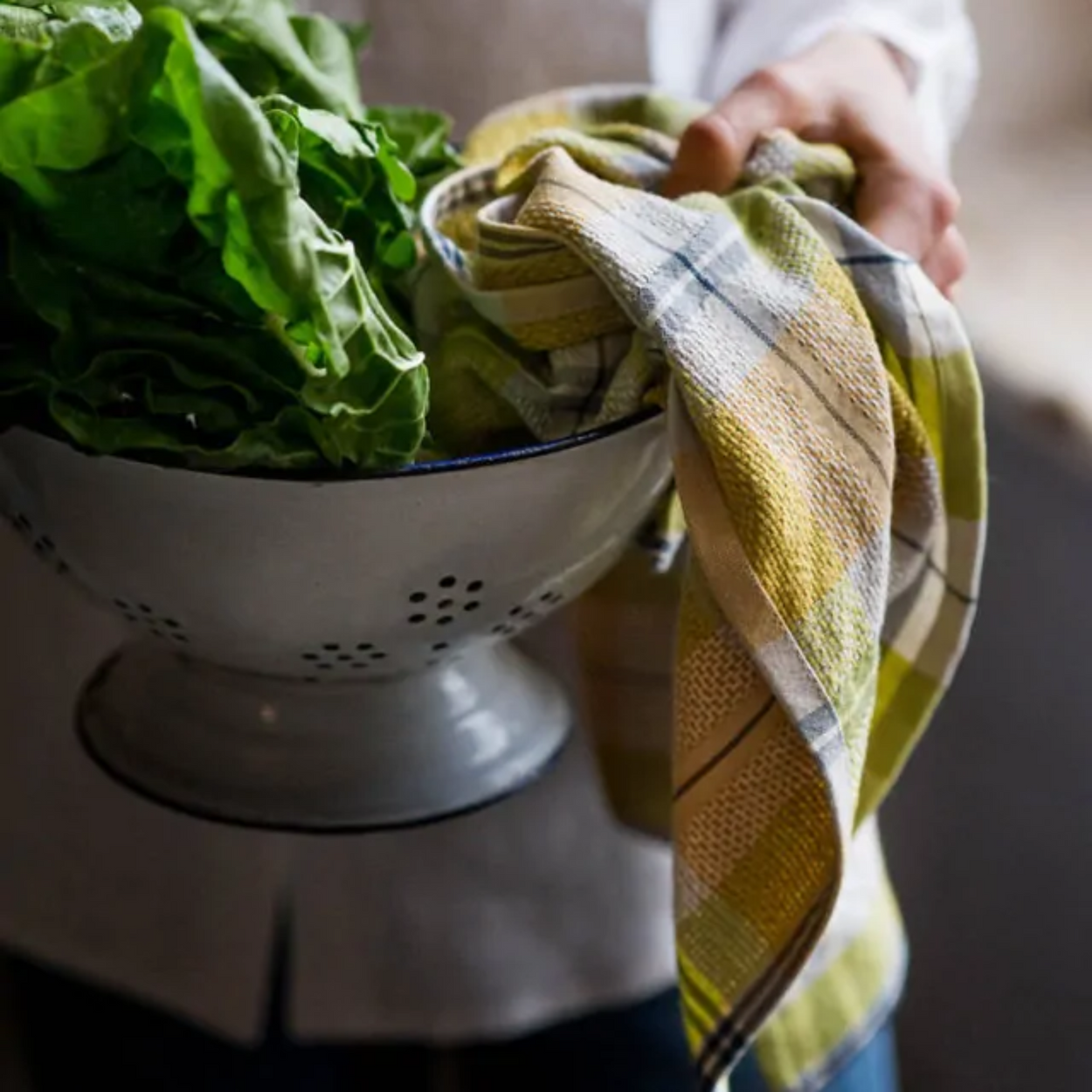 Person holding colander of greens with Mungo Vadoek Tea Towel in Pesto.