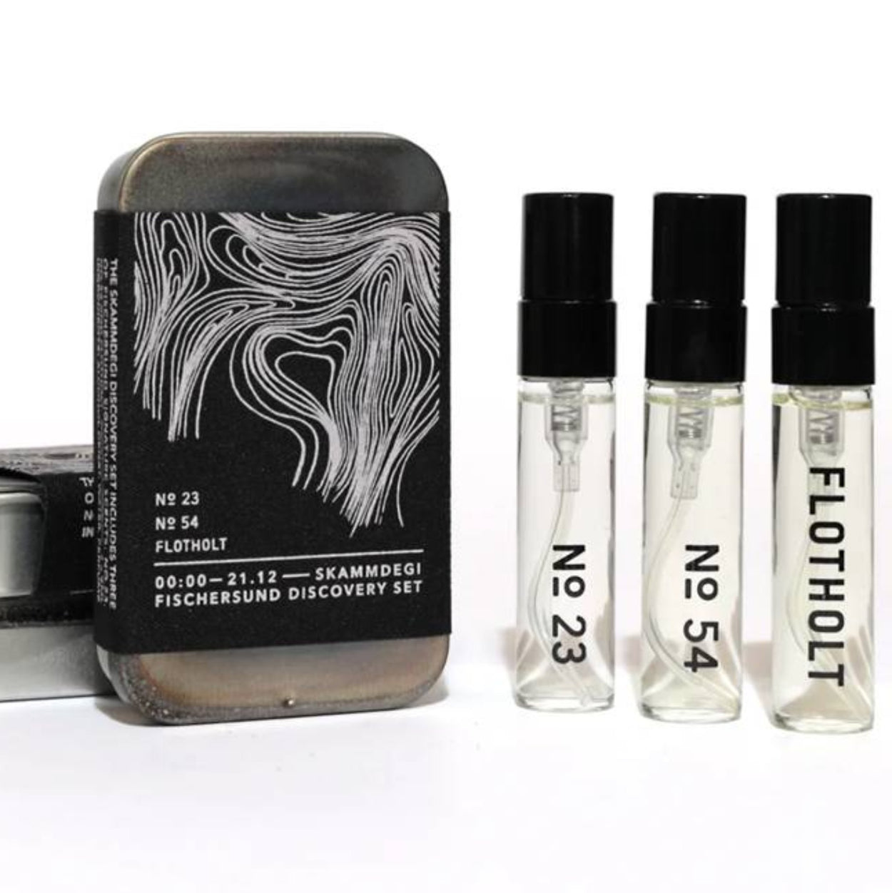 The Fischersund Dark Fragrance Discovery Set EDP metal box with three glass testers