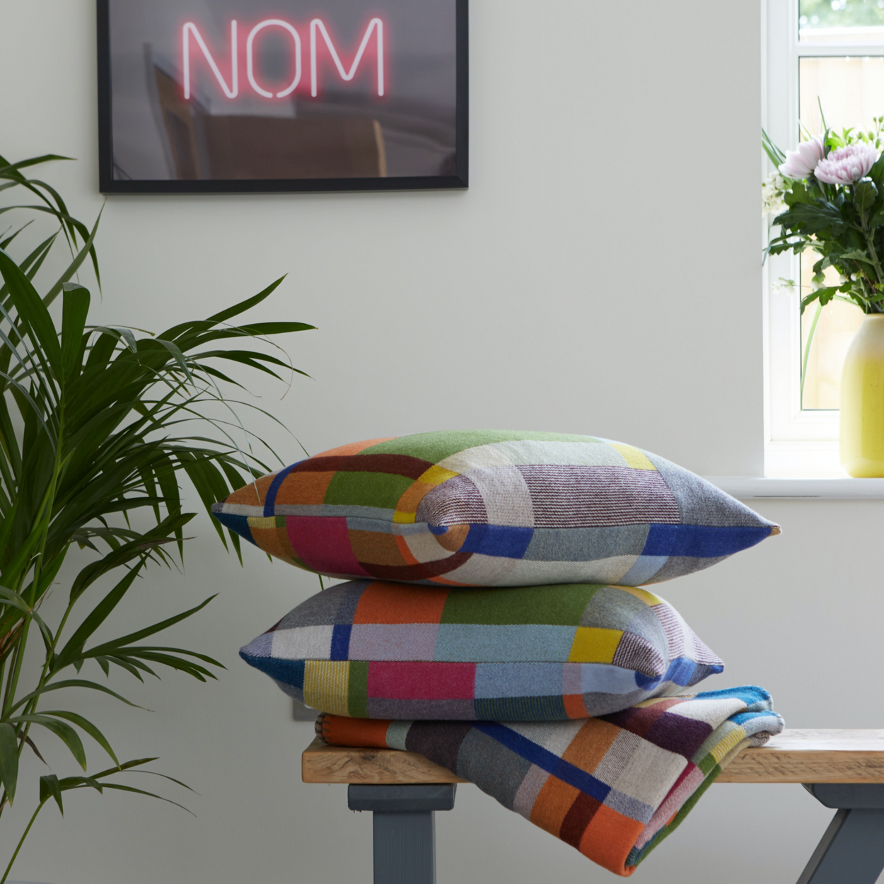 Premium Australian Merino Wool Cushion cover - Gwynne - 2 stacked on blanket on wooden bench.