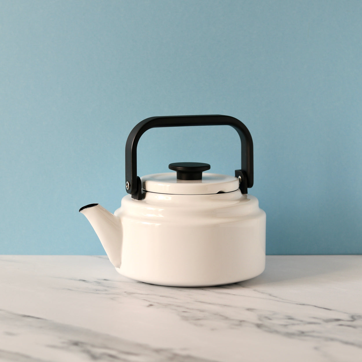 Japanese Noda Horo Amu Kettle - White against pale blue background