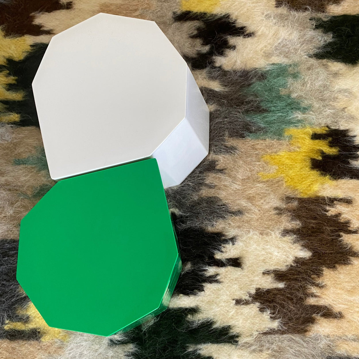 Handmade Large Pure Wool Rug - Green , with Green and White Arnold Circus Stools