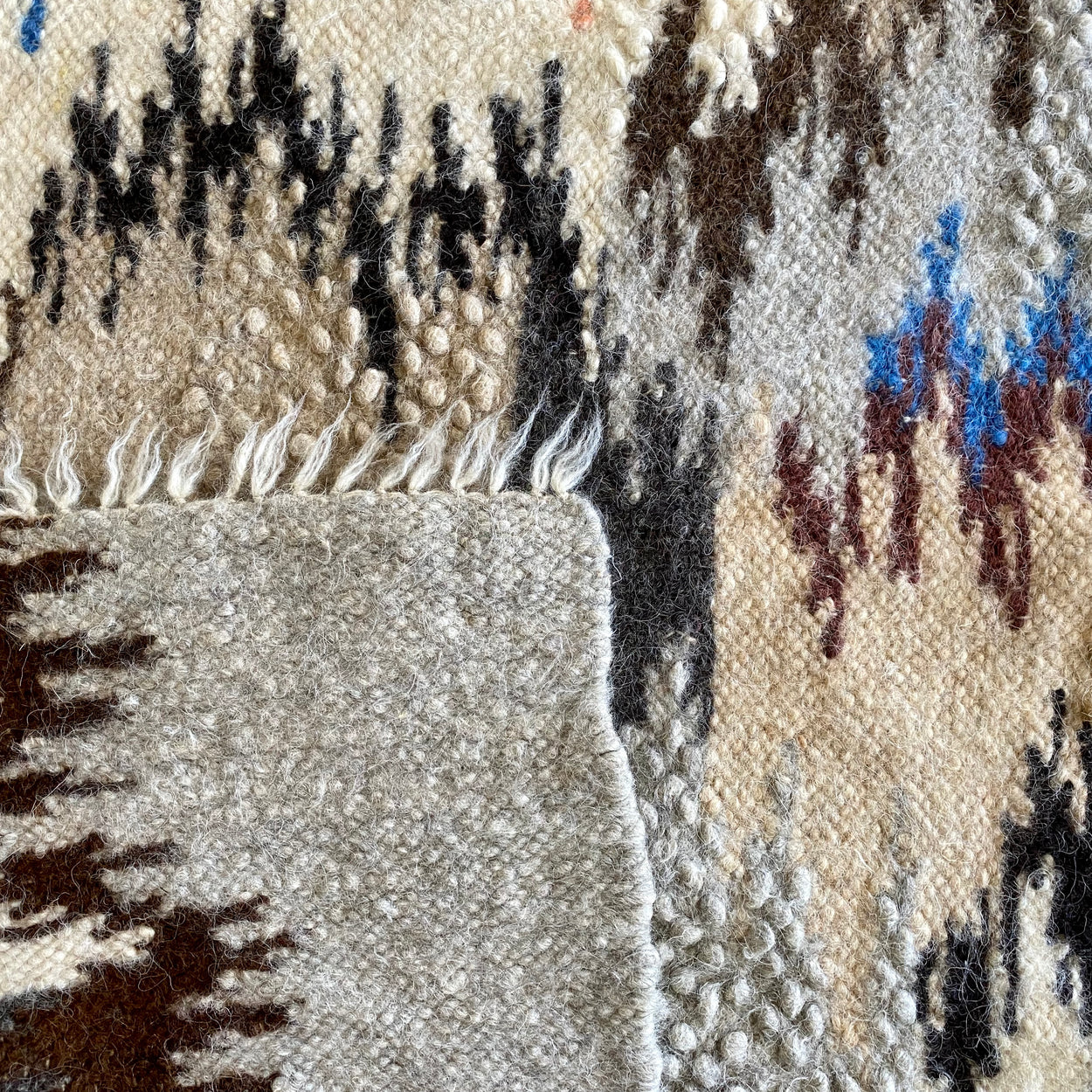 Hand Woven Pure Wool Rug - Blue close up front and back