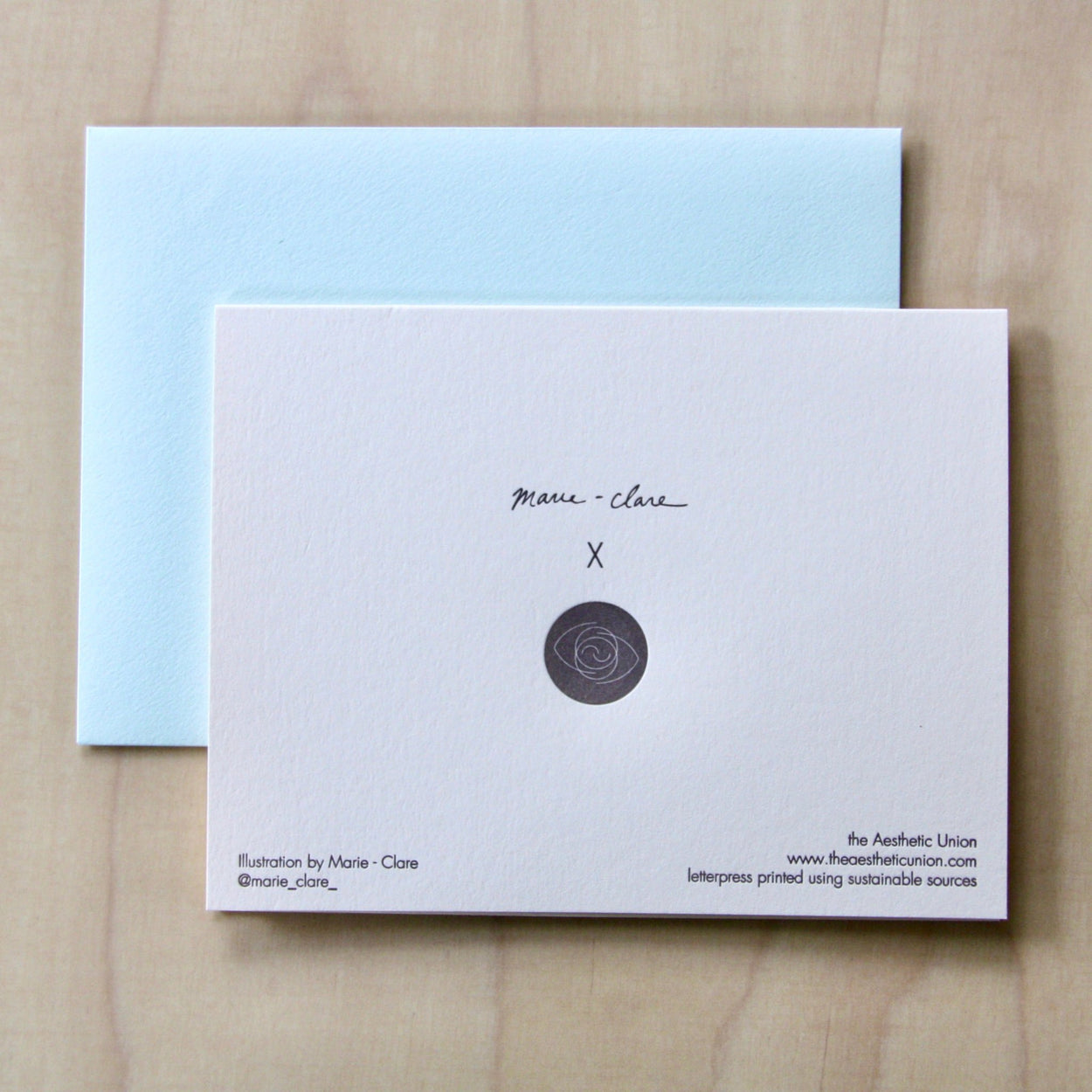 Tiger Letterpress Greeting Card -back - with pale blue envelope on pale wood.