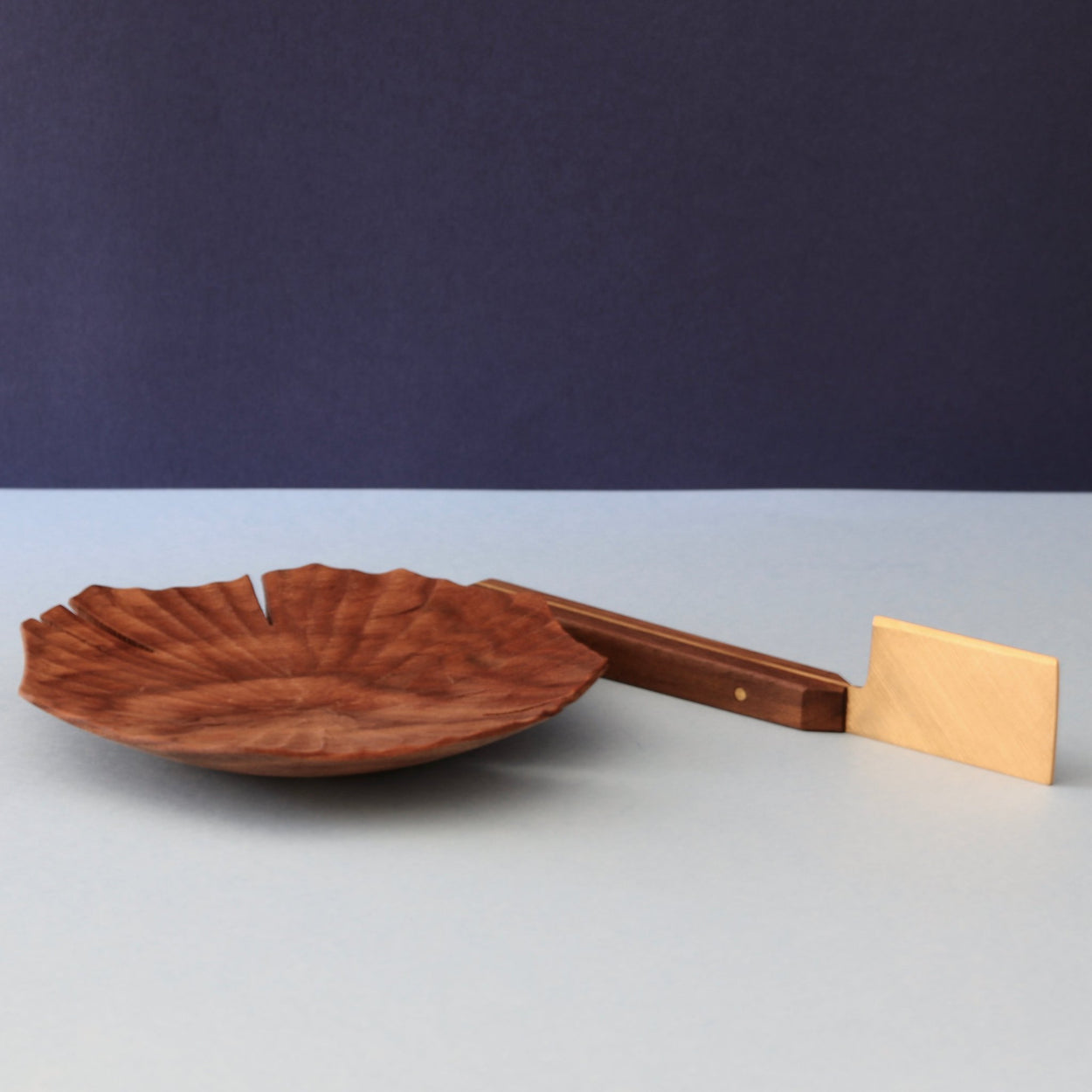 Hand carved Lotus leaf walnut wood plate with Walnut wood cheese knife.
