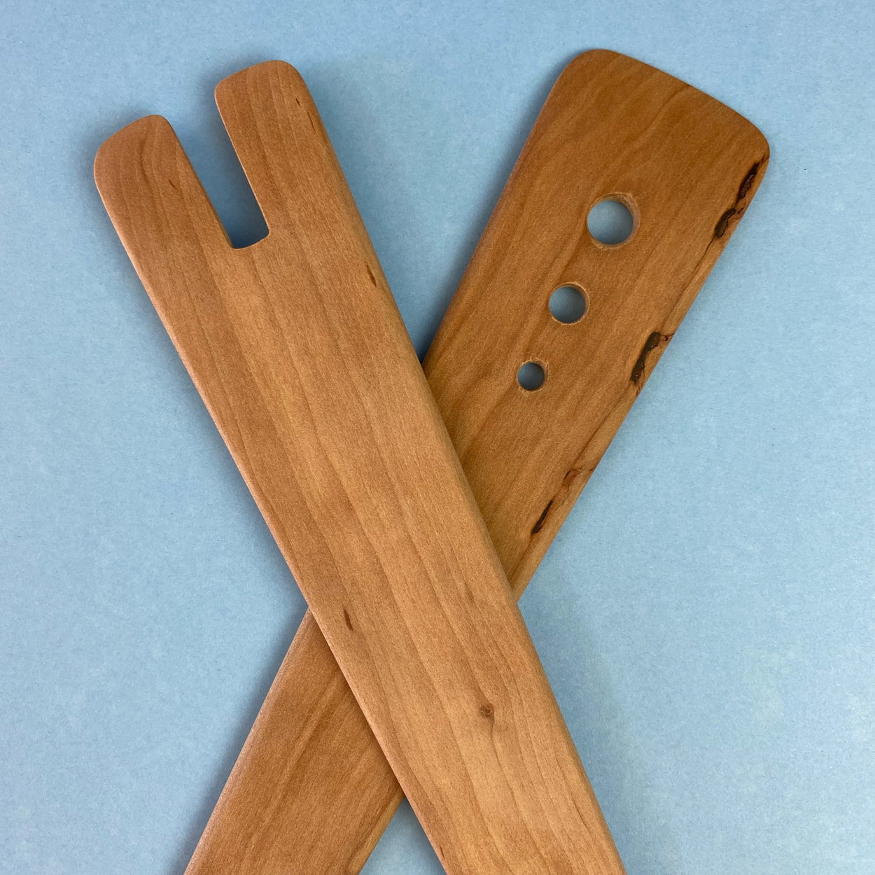 Handmade Pear Wood Salad Servers close up