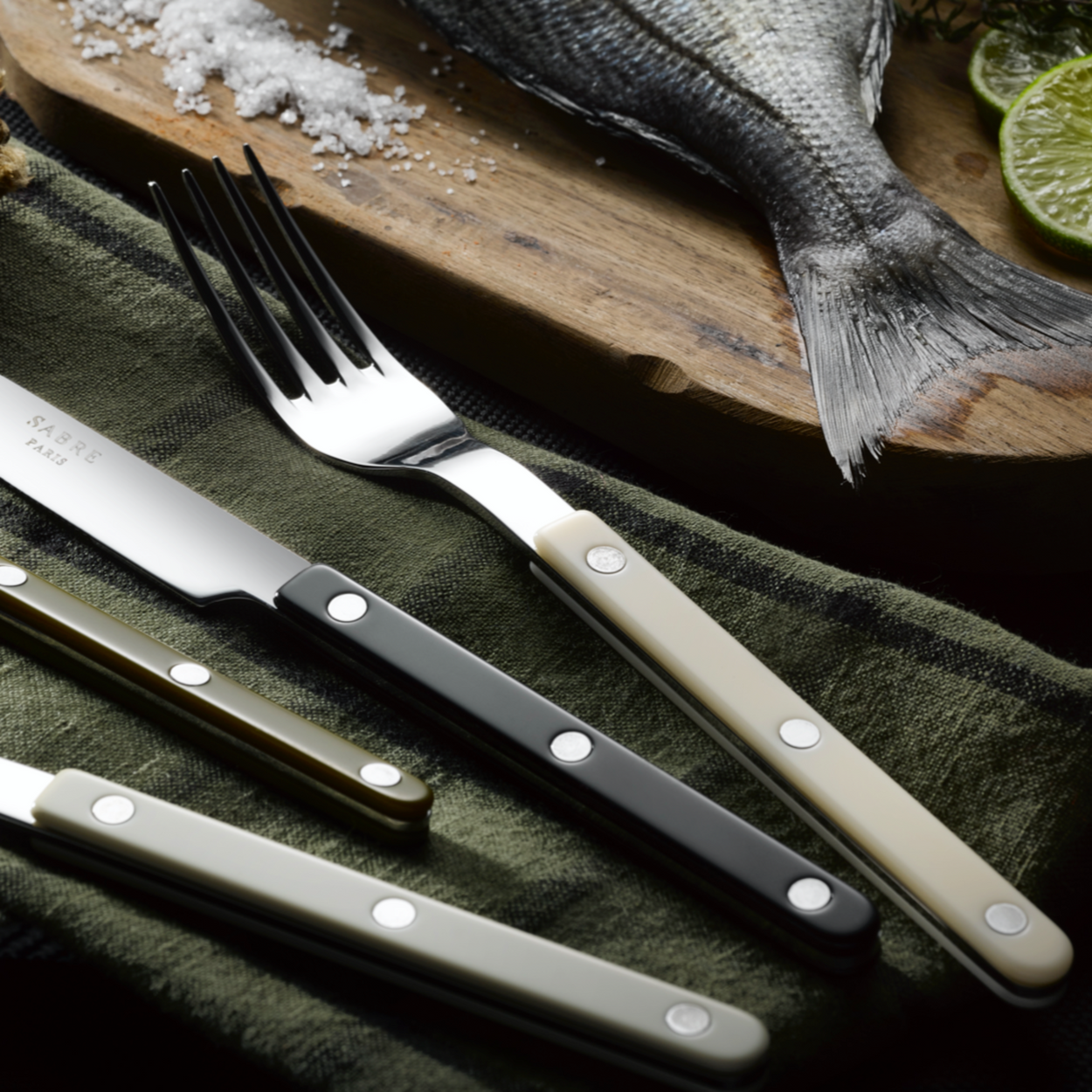 Mixed colour Sabre Paris Bistrot Cutlery with fish