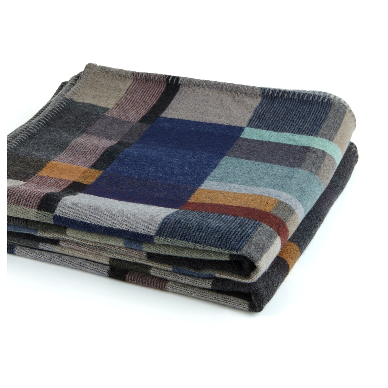 Premium Merino Lambswool throw blanket - Erno Blue, Grey & Grape block folded detail