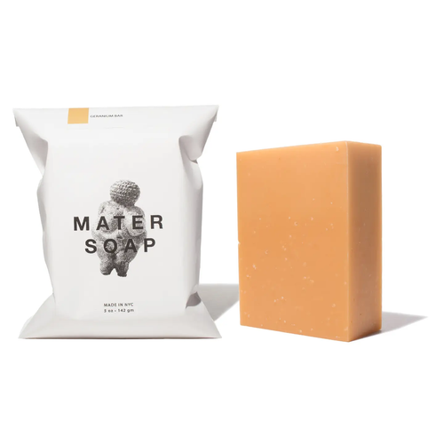 Mater Soap Geranium Bar, in packaging and unwrapped side by side.