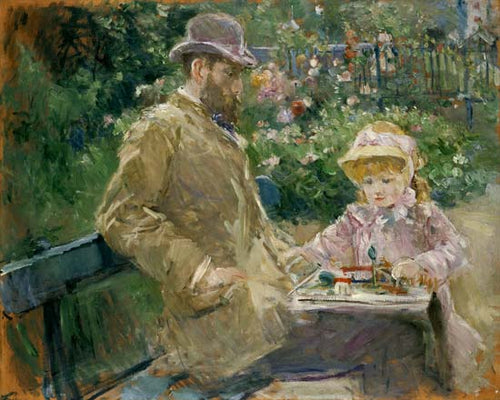 Berthe Morisot ~ Eugène Manet et sa fille dans le jardin de Bougival, 1881. Painting of father and child.