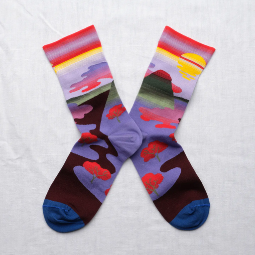 Bonne Maison Mauve Passage socks on white backdrop.