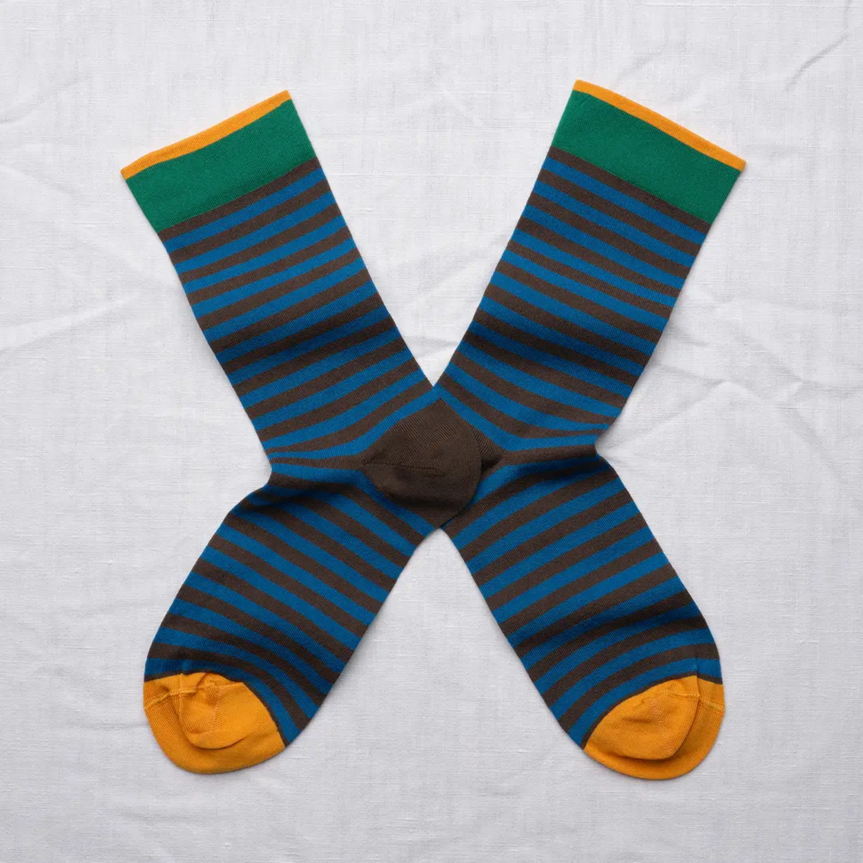 Bonne Maison Blue Black Stripe socks against a white backdrop.