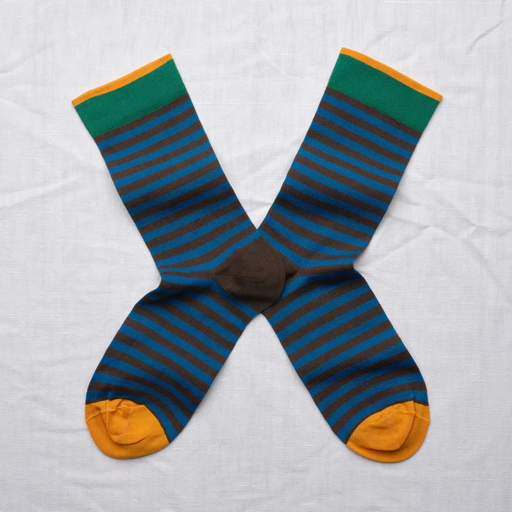 Bonne Maison Blue Black Stripe socks against a white backdrop.