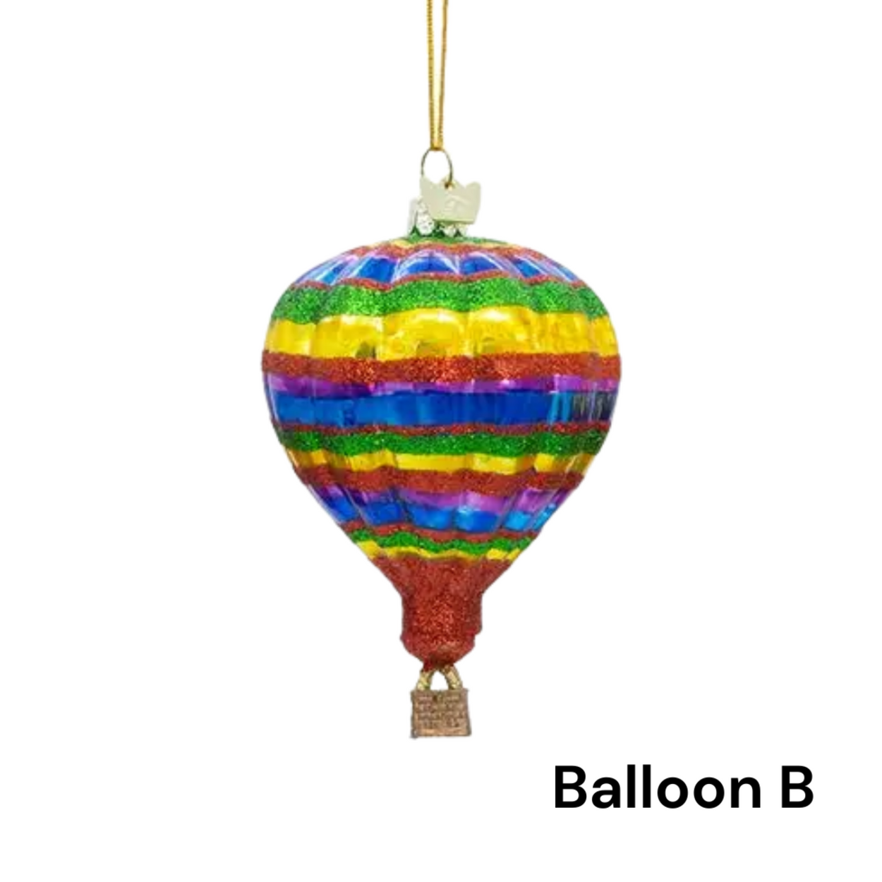 Colorful striped hot air balloon ornament on a white background