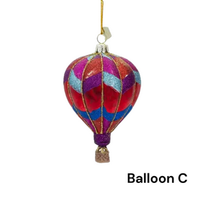 Colorful hot air balloon ornament on a white background