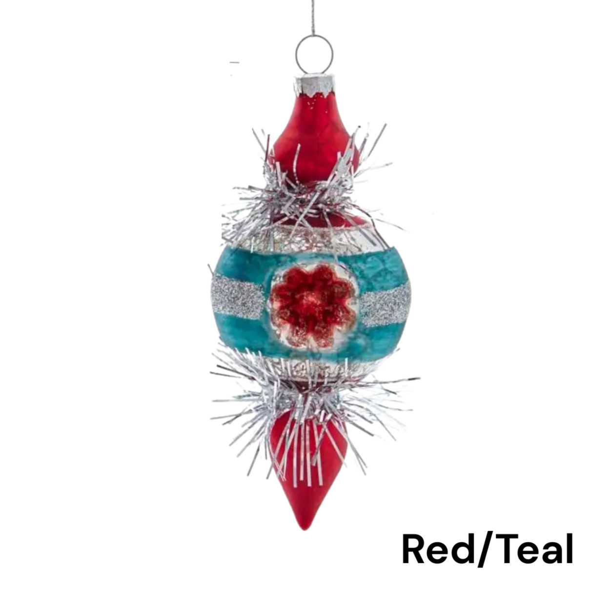 Decorative Christmas ornament with red and teal colors on a white background