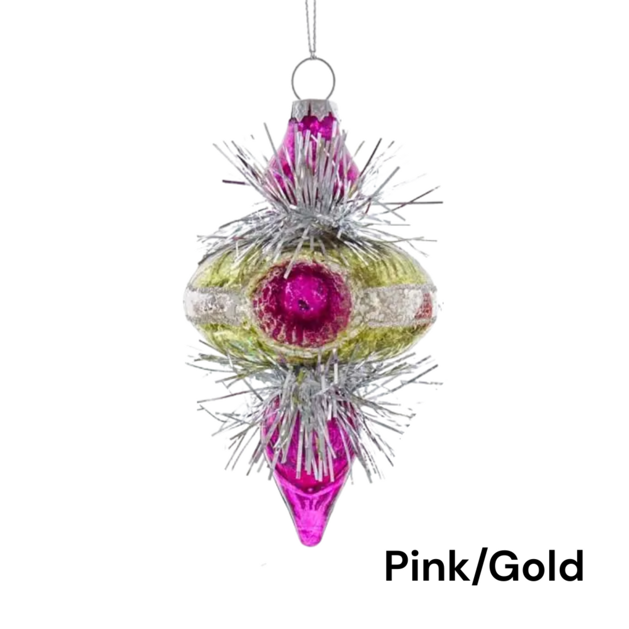 Decorative Christmas ornament with pink and gold colors on a white background