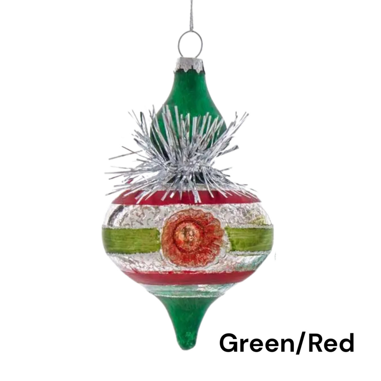 Decorative Christmas ornament with green, red, and silver design on a white background