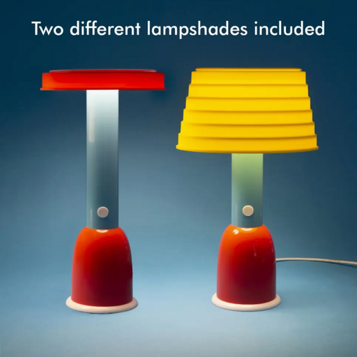 Two colorful lamps with red and yellow lampshades on a blue background.