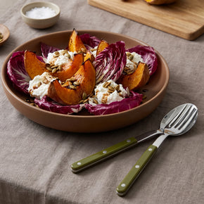 Sabre Bistrot Serving Set - Fern Green on linen table cloth with pumpkin salad platter