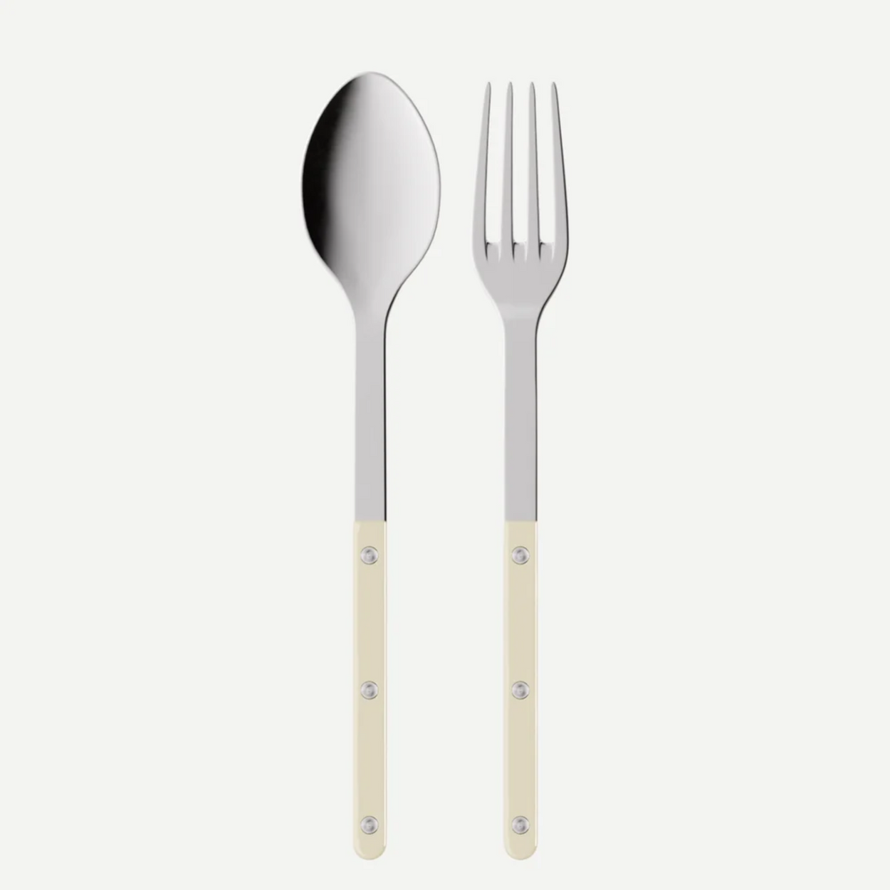 Silver spoon and fork with beige handles on a white background