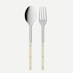 Silver spoon and fork with beige handles on a white background