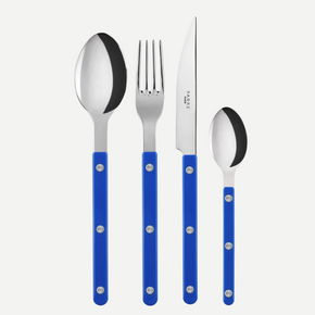 Sabre Bistrot Cutlery 4 Piece Set - Lapis Blue on white backdrop.