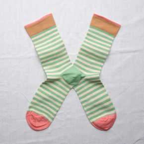 Pale Green Stripe Bonne Maison Ribbon socks on white backdrop.