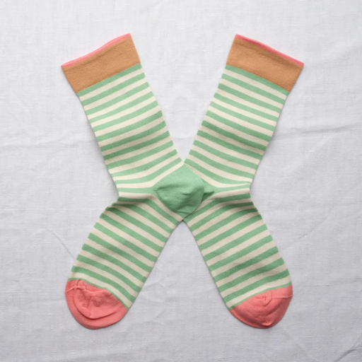 Pale Green Stripe Bonne Maison Ribbon socks on white backdrop.