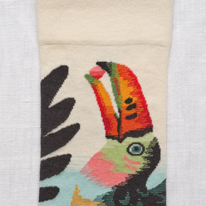Close up of Bonne Maison Toucan socks on white backdrop.