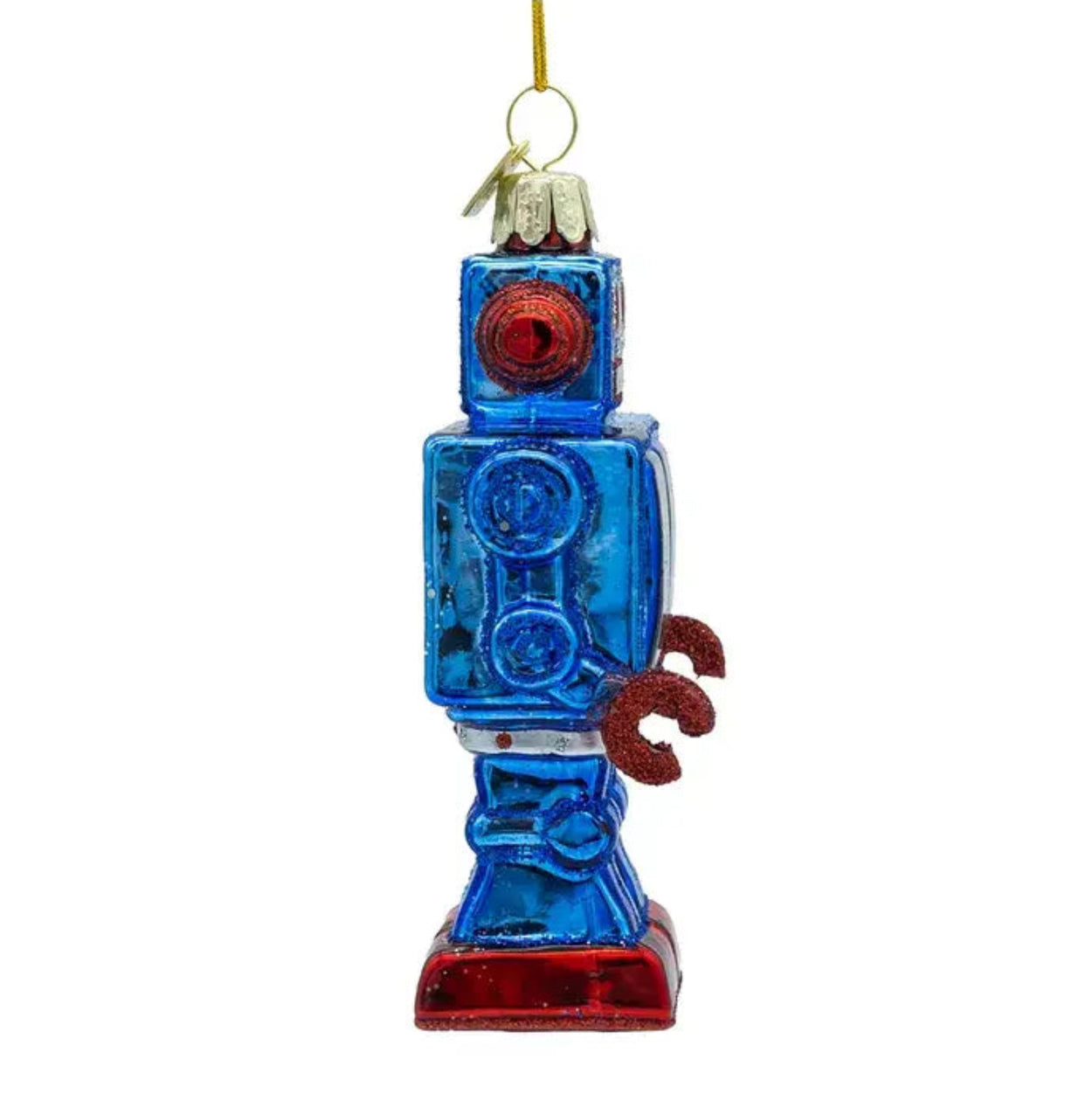 Decorative blue robot ornament on a white background