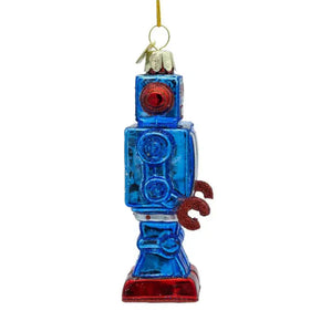 Decorative blue robot ornament on a white background