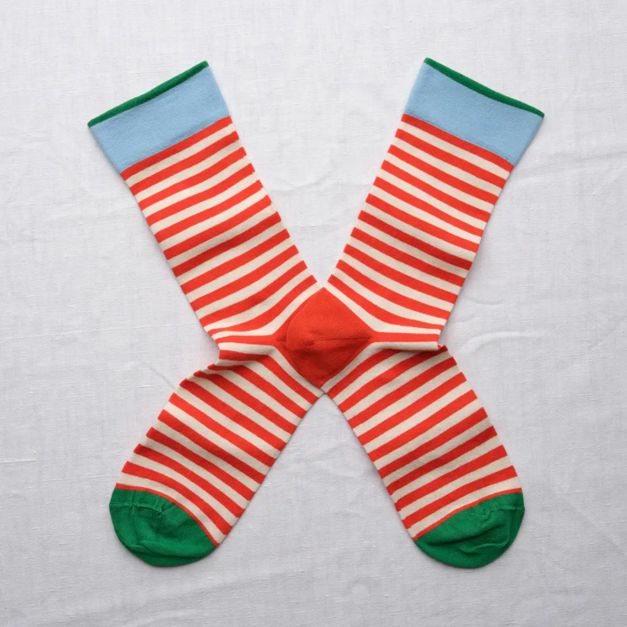 Bonne Maison Scarlet stripe socks on white backdrop.