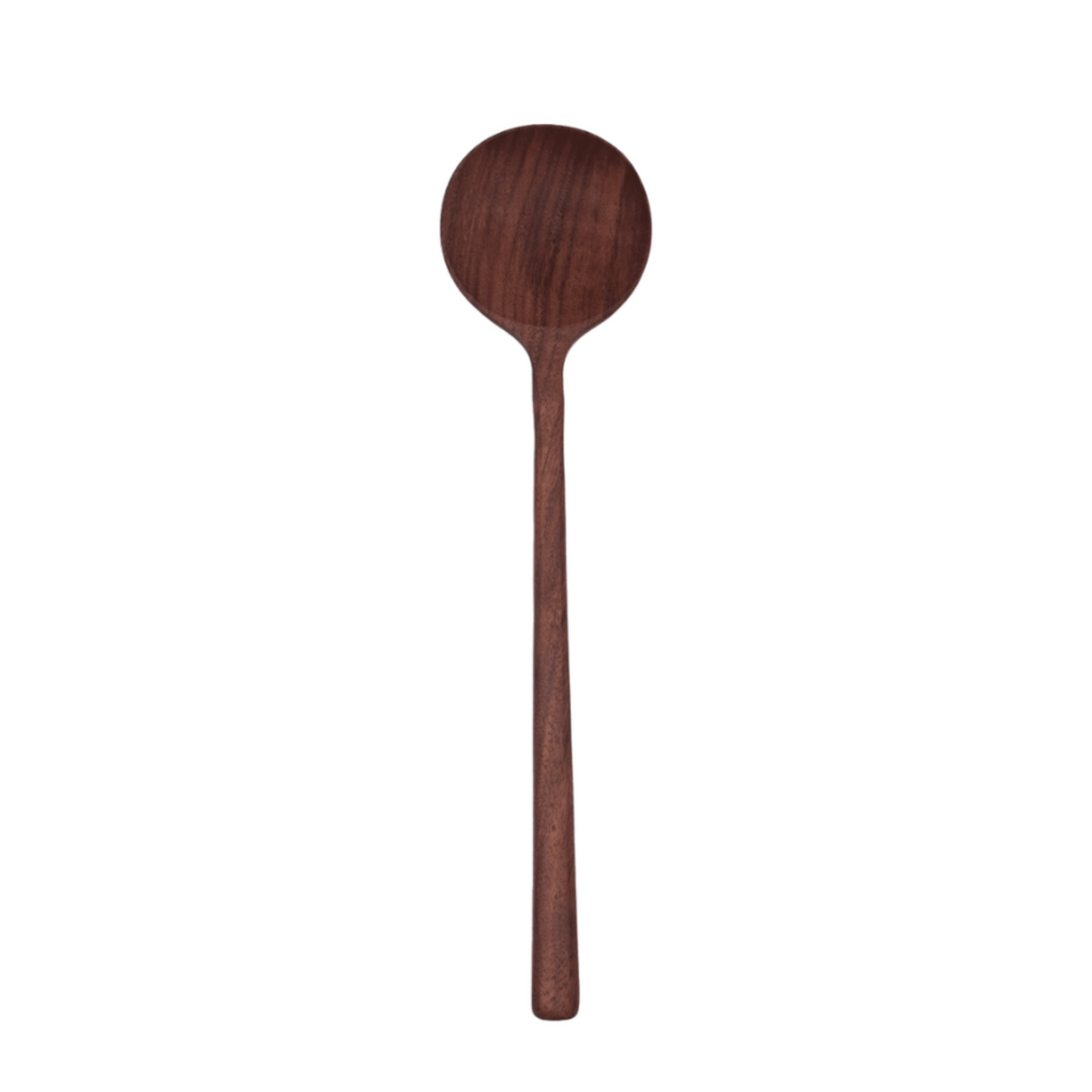 Handcrafted walnut wood spoon on white backdrop.