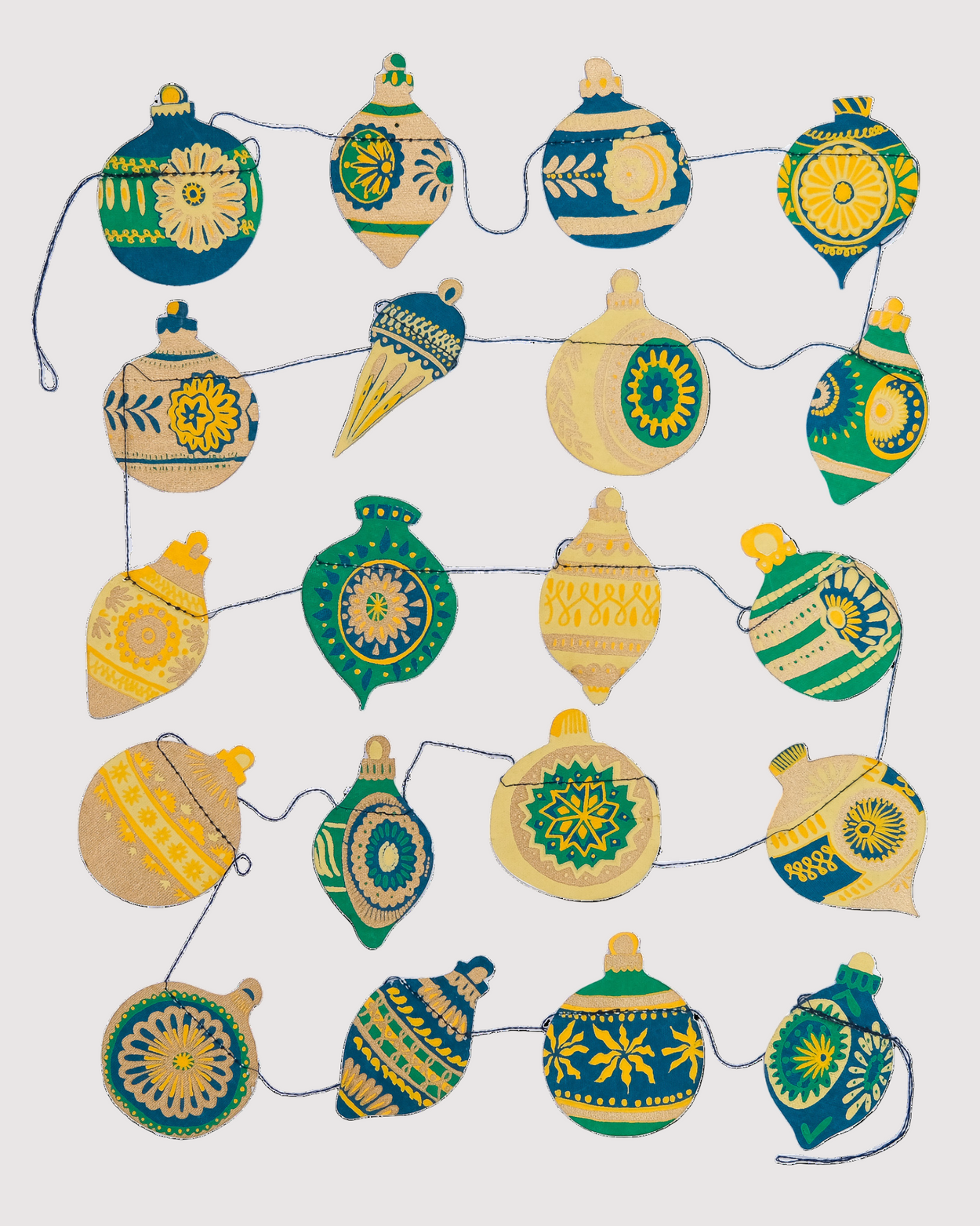 Decorative string of colorful ornaments with blue, green, and yellow patterns on a white background.