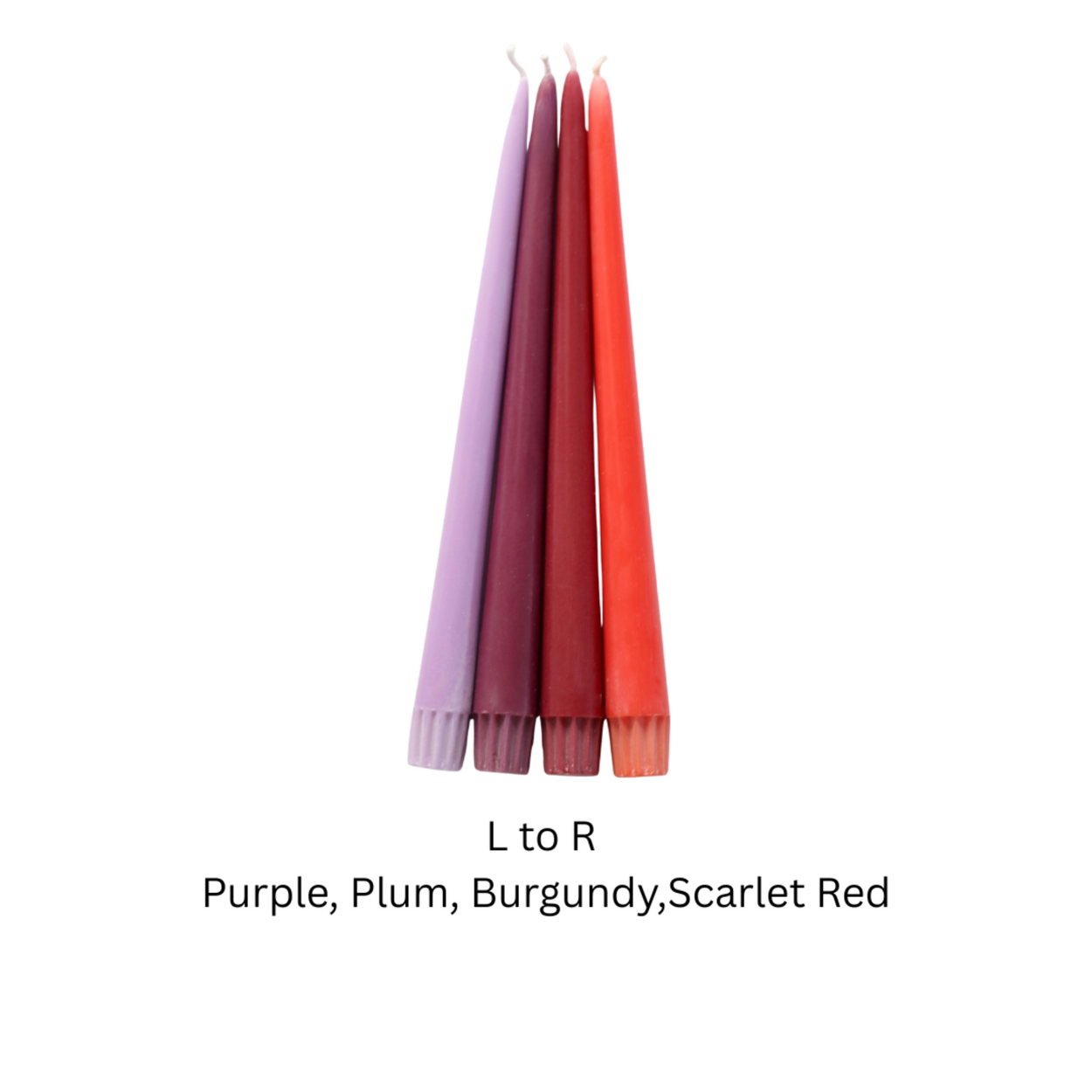 Four taper candles in a vertical row showing color progression from left to right: light purple, plum, burgundy, and scarlet red. Text below reads 'L to R Purple, Plum, Burgundy, Scarlet Red' on a plain white background.