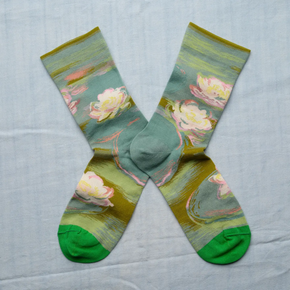 Waterlily Bonne Maison socks on white backdrop.