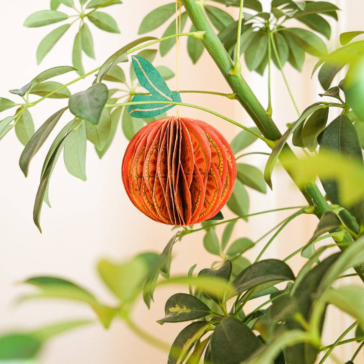 Decorative orange ball hanging from a green plant