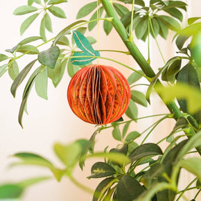 Decorative orange ball hanging from a green plant