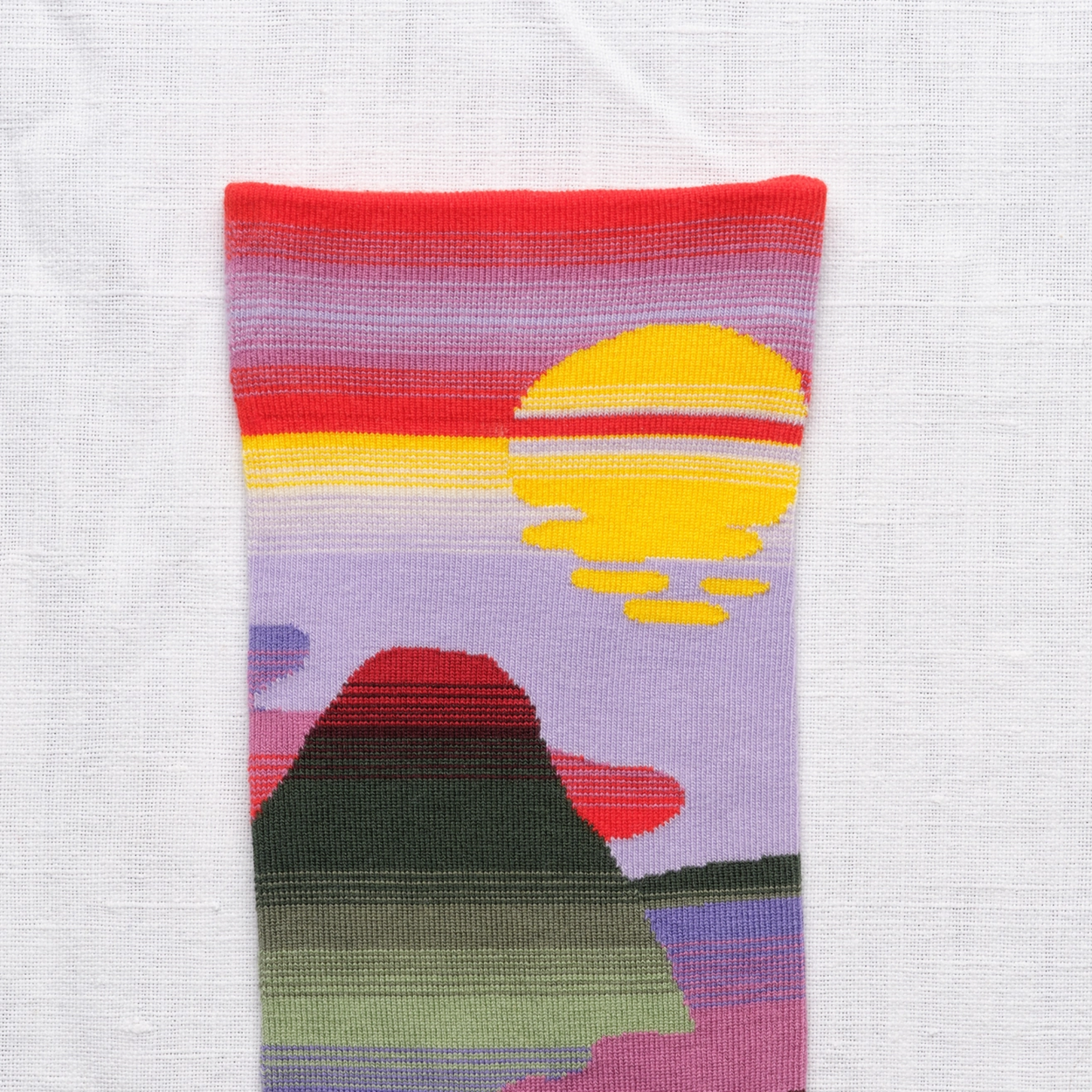 Close up of Bonne Maison Mauve Passage socks on white backdrop.