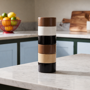 Cylindrical Semi D salt pepper grinder on a kitchen counter with fruit bowl and cutting board in the background