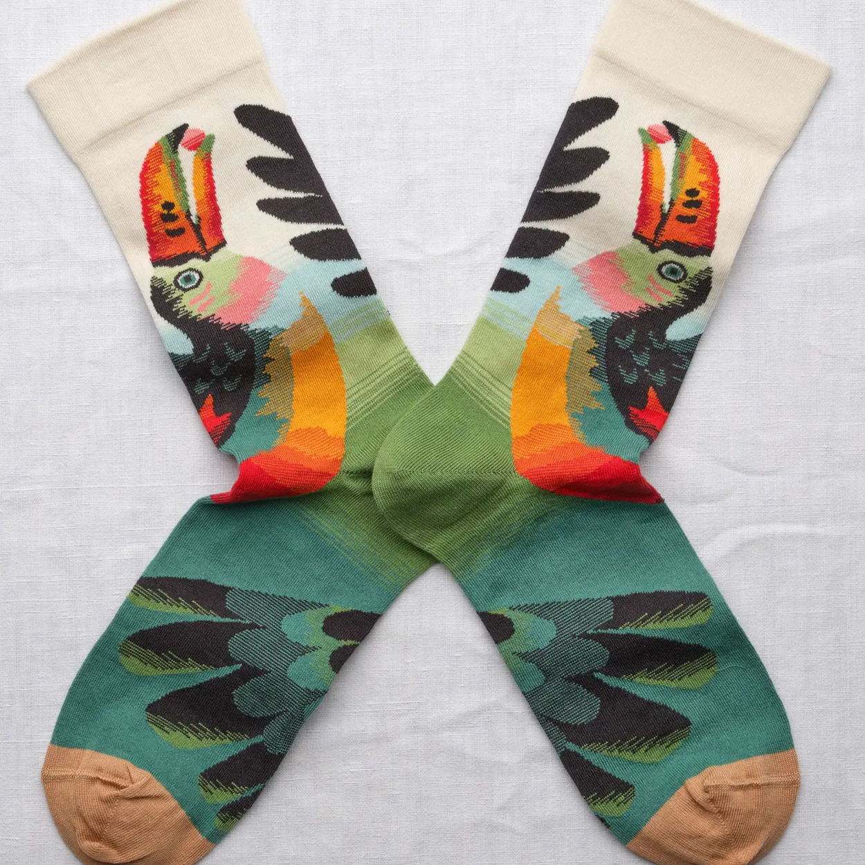 Bonne Maison Toucan socks on white backdrop 